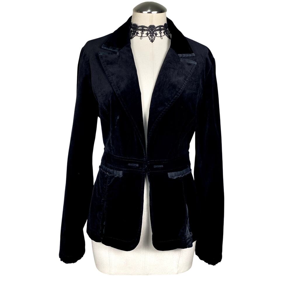 WHMB Black Velvet Women's Blazer Gothic Academia Office Siren Rhinstone Ruffles
